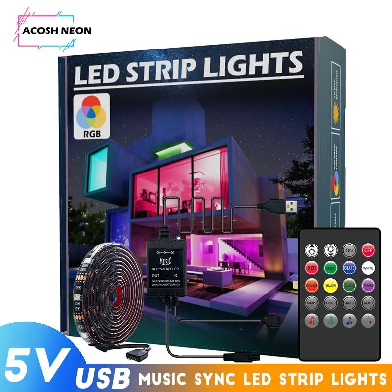 5M/16.4FT 150LEDs RGB LED Light Strip with Music Sync USB 5V Dimmable LED Night Light for Bed Wardrobe Cabinet Staircase Décor