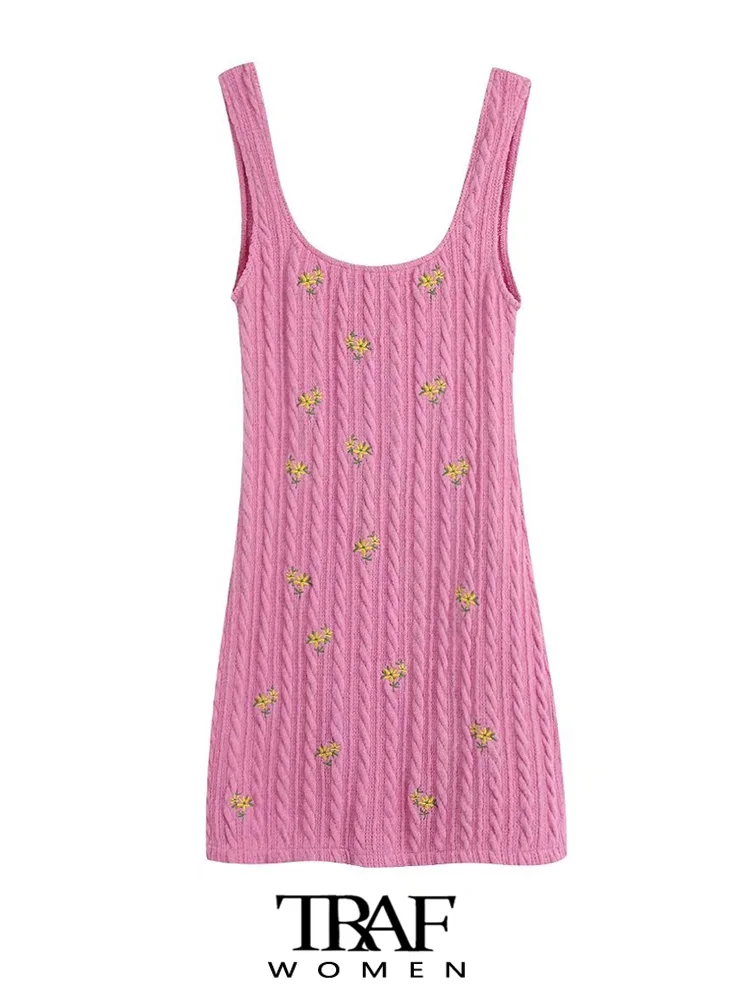

TRAF Women Fashion Cable-knit Floral Embroidered Mini Dress Vintage O Neck Wide Straps Female Dresses Vestidos Mujer