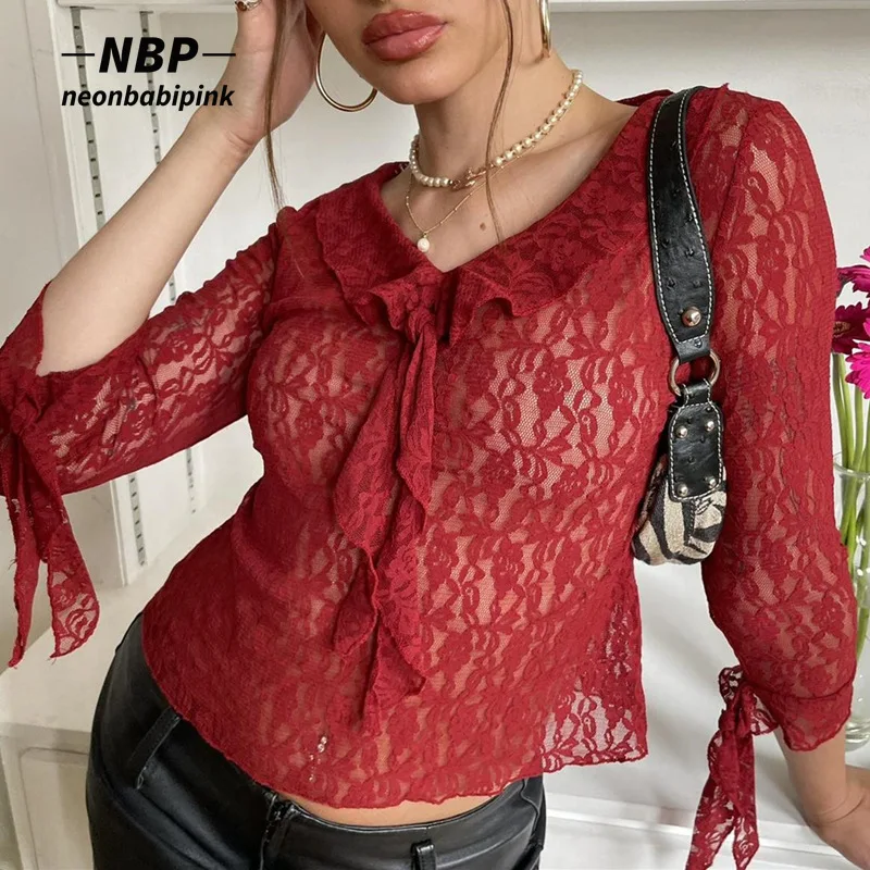 

NEONBABIPINK Y2k Style See Through Red Lace Shirts Sexy Long Sleeve Top Aesthetic Vintage Clothes N33-BD14