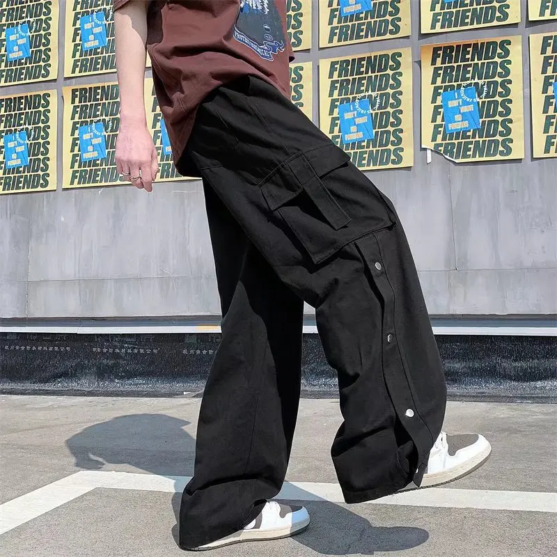 2022 New Men Cotton Cargo Pants Harajuku Style Straight Casual Pants for Men  Solid Big Pockets Loose Wide Leg Design Trousers