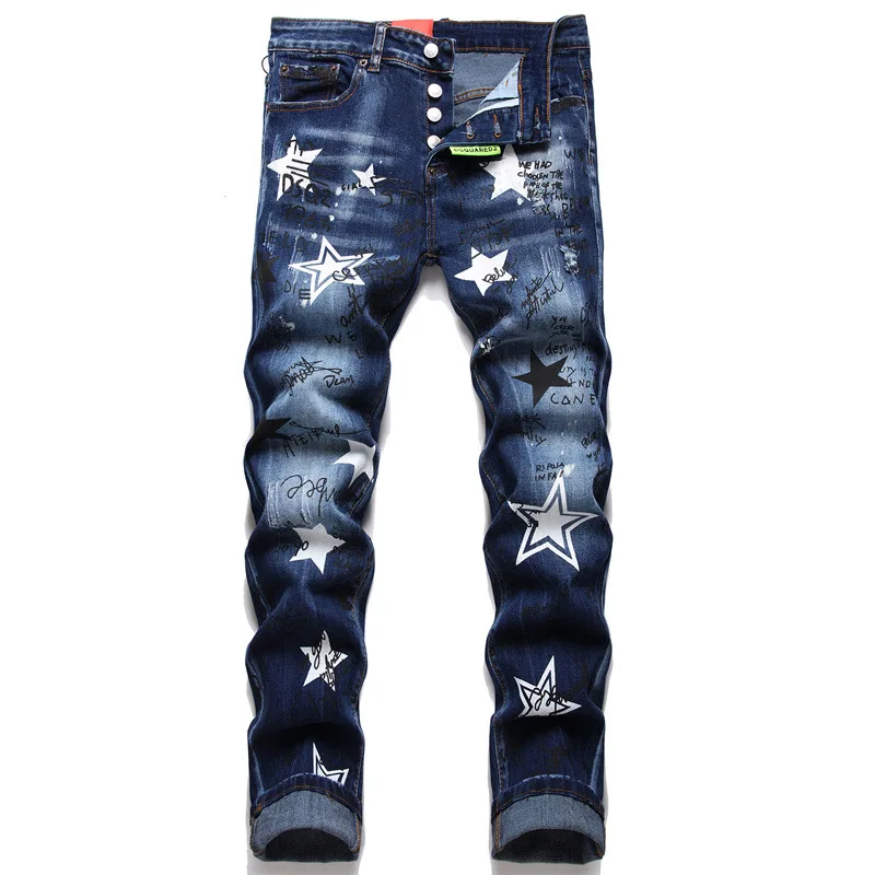 

Dsquared2 Brand Mens Autumn Jeans Mens Trend Casual Slim DSQ Star Print Ripped Denim Pants Street Hip Hop Skinny Denim Trousers