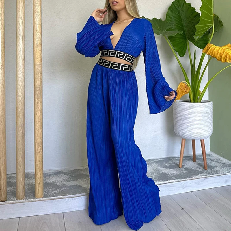 

Sexy Deep V-neck Hollow Crop Top+Wide Leg Pants Outfits Women Spring Geometry Print Pleated Set Fall Flare Long Sleeve 2pcs Suit