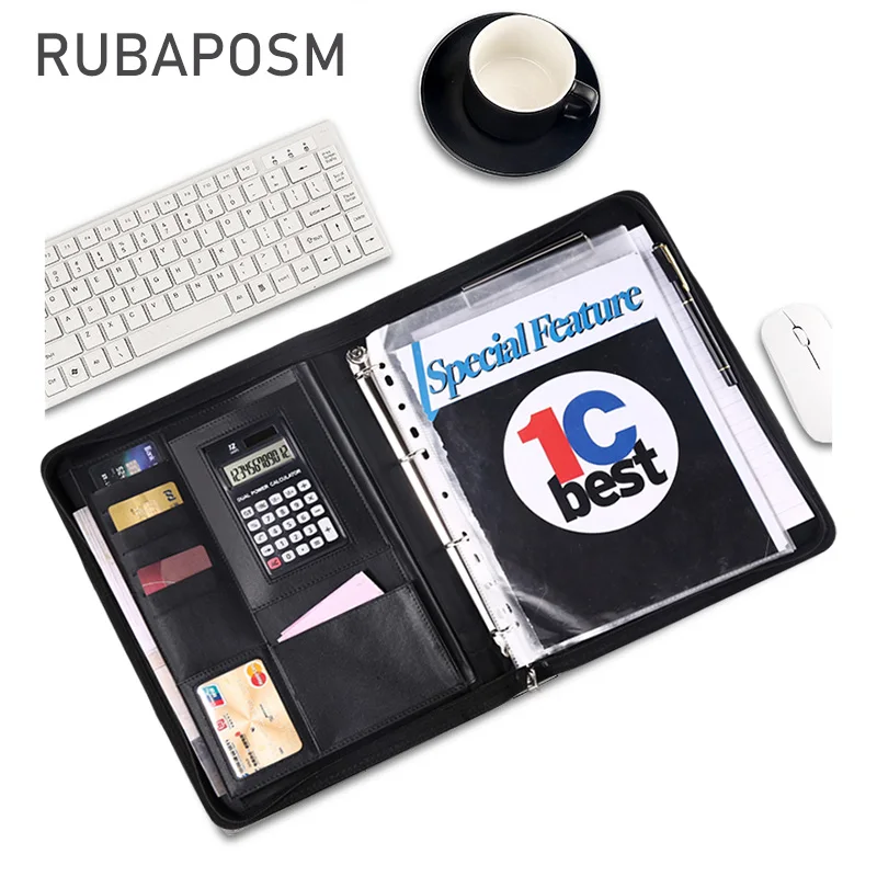 

Папка-портфель А4 кожаная с калькулятором и ручкой, на молнии