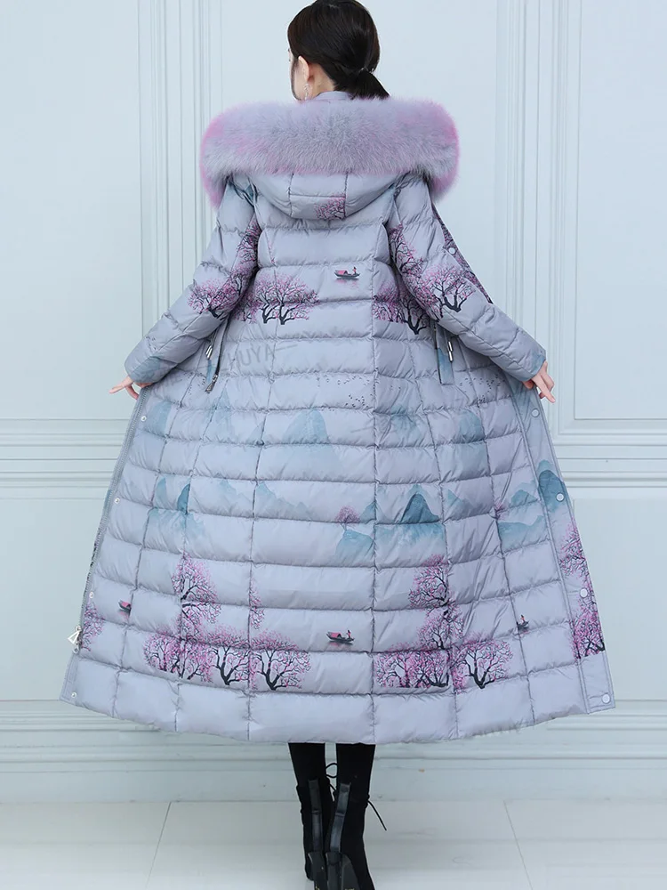 New Women Thicken Warm Down Coat Winter Fashion Real Fox Fur Collar Landscape Print Lengthened Down Jacket Slim Overcoat Female