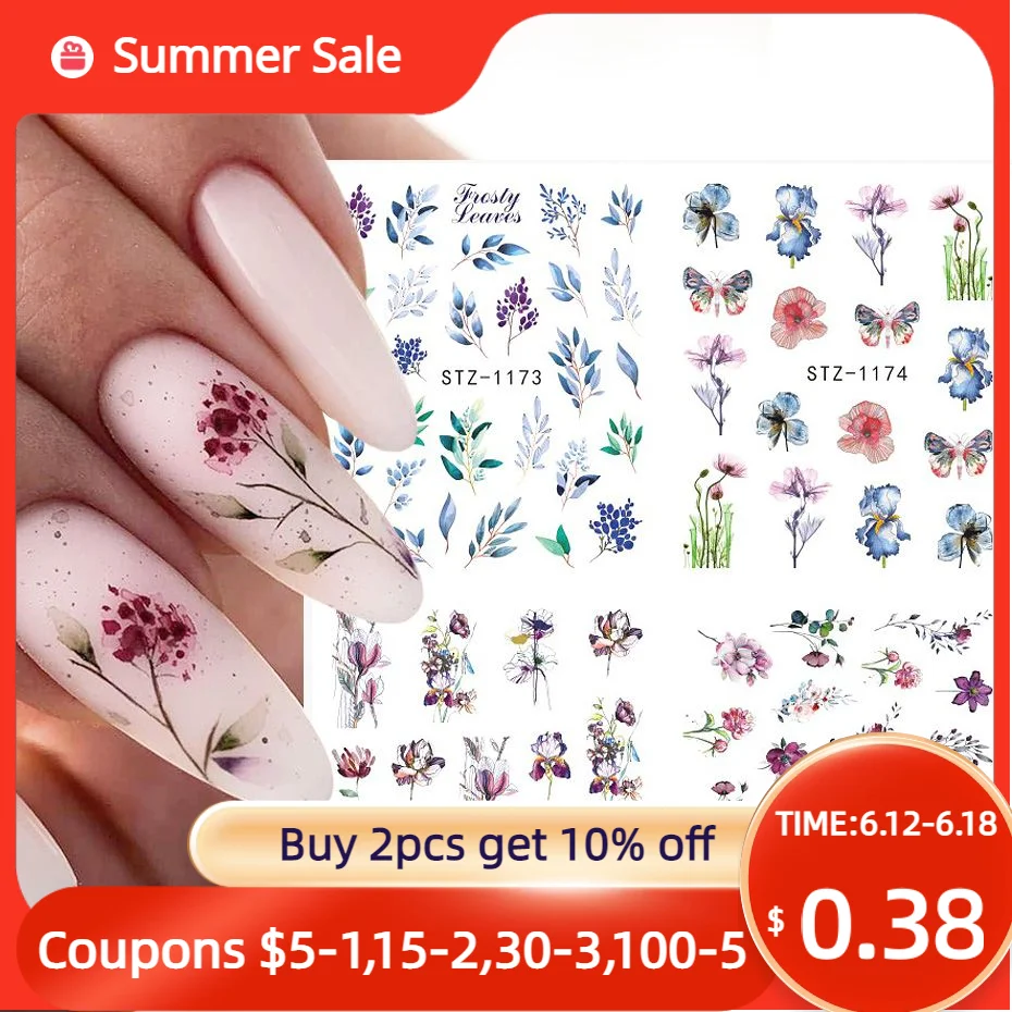 4pcs/Set Charms Flowers Leaf Nail Stickers Watercolor Nail Art Decals Sliders Manicure Decorations Foils Tattoo TRSTZ1137-1180-1