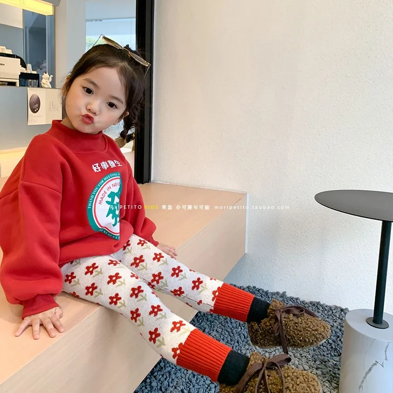 

Модные осенне-зимние штаны для маленьких девочек, плотные вязаные спортивные брюки с растительным принтом, Капри, брюки, леггинсы