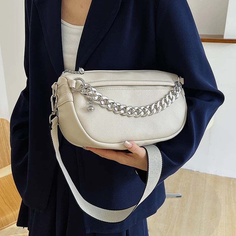 

2022 однотонные маленькие сумки через плечо из искусственной кожи на толстой цепочке для женщин, трендовая модная сумка на плечо, сумки с широ...