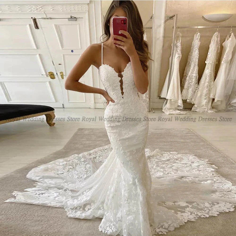 

High Quality Mermaid Wedding Dresses Draped Sleeveless Spaghetti Lace Open Back V Neck 2022 Floor Length Gowns Robe De Ma