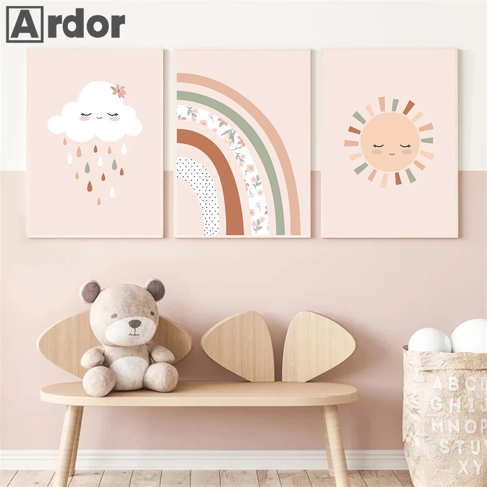 Мультфильм Радужные цветы Солнце Облако Любовь Сердце Настенная живопись Холст
