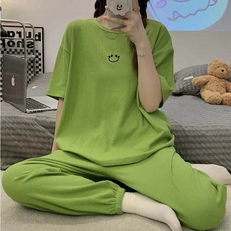 New Summer Korean Pajamas Short-sleeved Pants Pajama Loose Round Neck Wear Outside Sleepwear Large Size Women Girl Home Wear Set