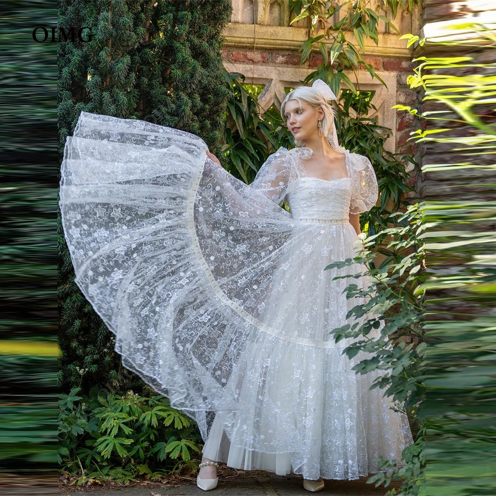 

OIMG Stylish Full Lace Princess Wedding Dress A Line Short Sleeves Bride Bridal Party Gowns Custom Made Women Long Formal Dress