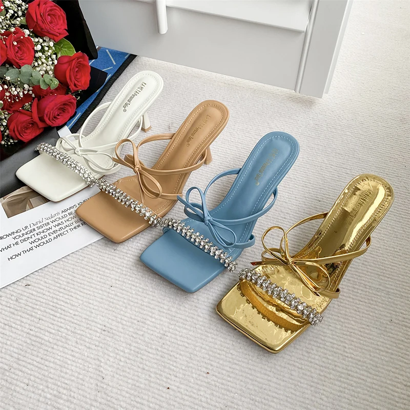 

Rhinestone Chain Women Slippers Slip On Thin High Heels White Beige Blue Gold Summer Outside Slides Mules Shoes Thin High Heels