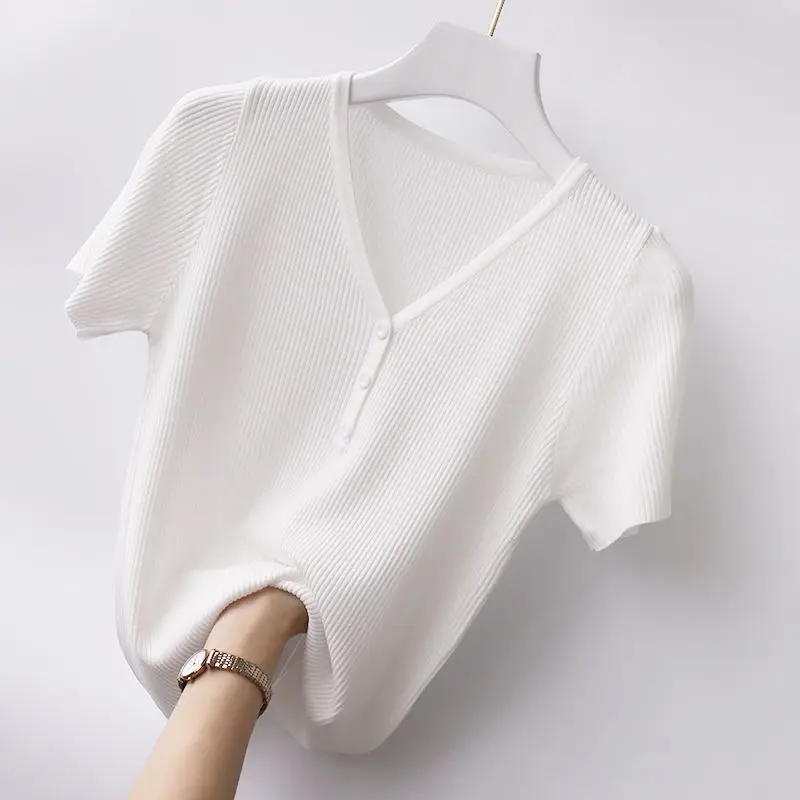 

Spring Summer New T-shirt Women's Short-sleeved Korean V-neck Slim Fitting Solid Color Fashion Ice Silk Bottom Knitting Tops