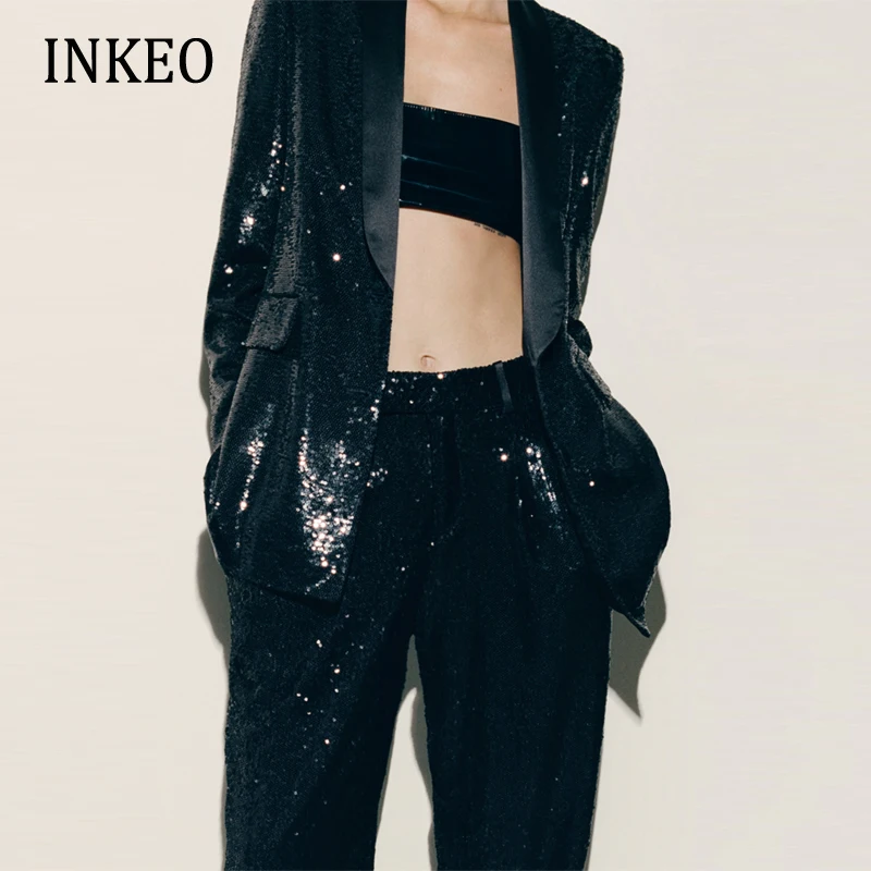 

Fashion Women sequin Blazer 2023 Spring Autumn Loose Female Jacket Office lady suit Pants Club 2 Piece set Elegant INKEO 2O390