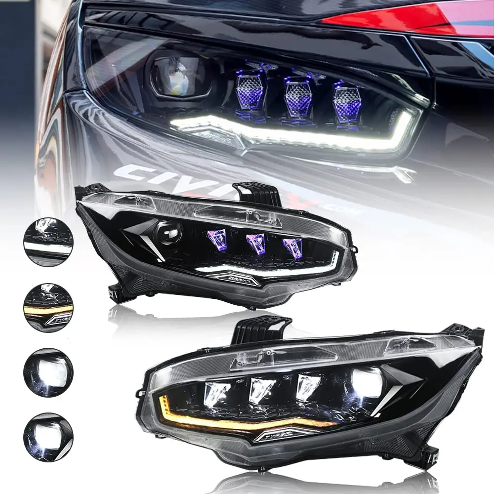 

Headlights Assembly for 2016-2021 Honda Civic Sedan Hatchback 10th Gen Sport EX Type R FK Sequential Turn Signal