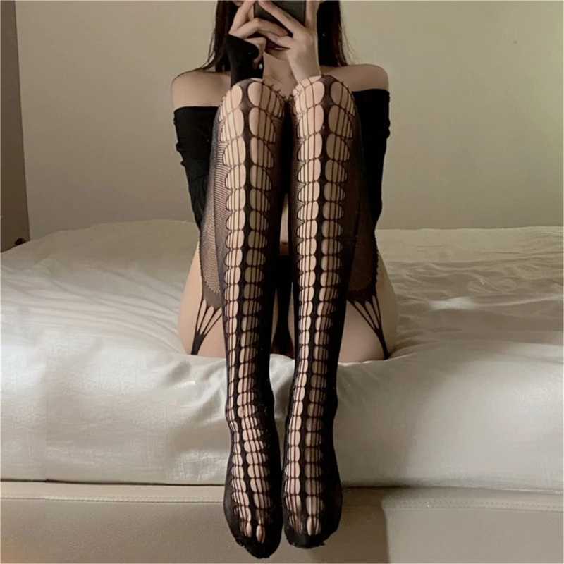 

Womens High Waist Fishnet Tights Hollow Out Holes Sexy Sheer Mesh Suspenders Pantyhose Open Crotch Thigh High Stockings