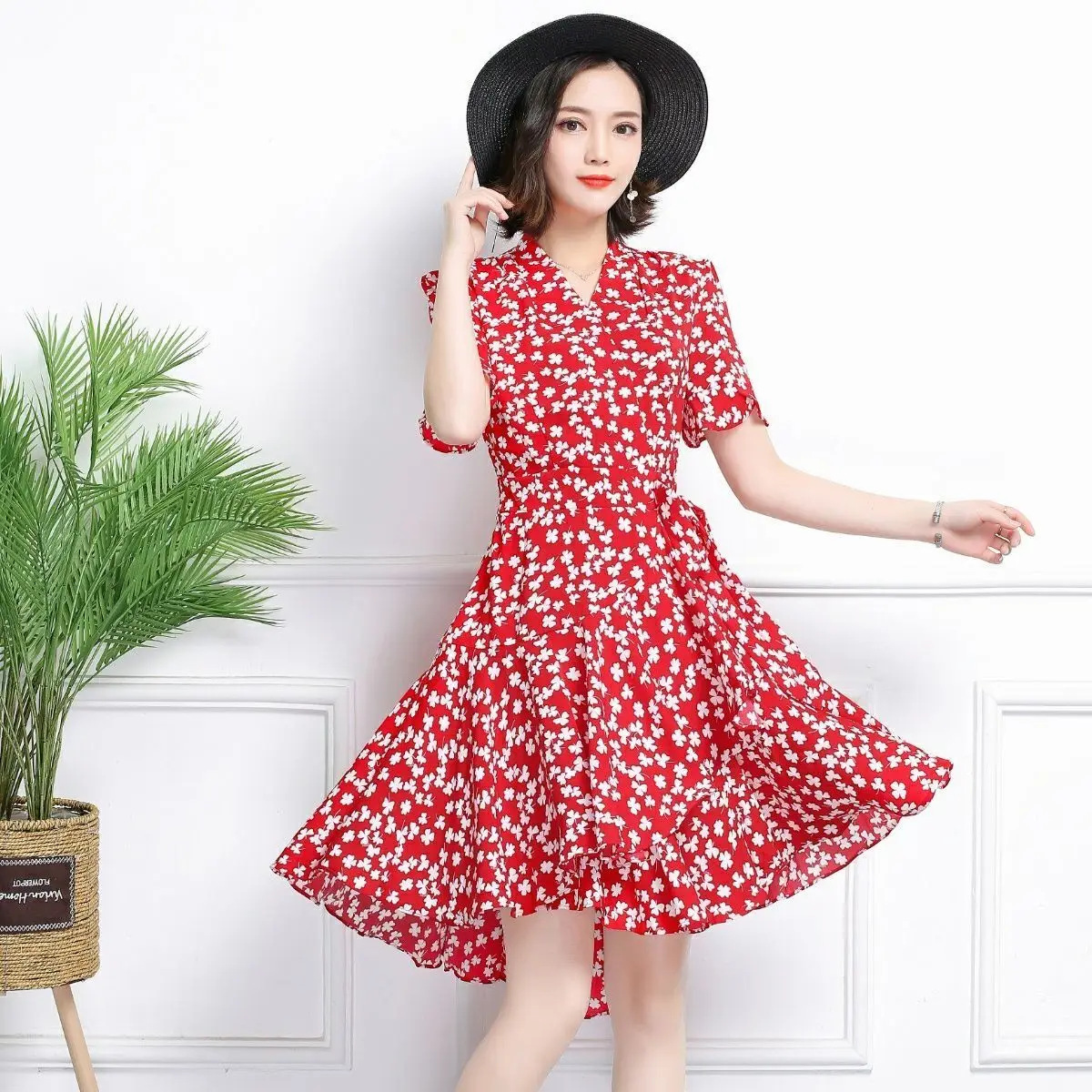 

Women's Summer Floral Chiffon Dress Irregular Short Sleeve Leaf Print Skirt