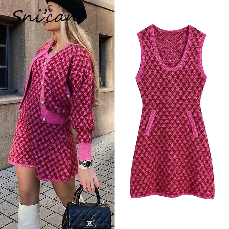 

Pink Plaid Knitted Sweater Dress Za 2022 Spring O Neck Sleeveless Casual Office Ladies Robe Pull Femme Vintage With Pockets