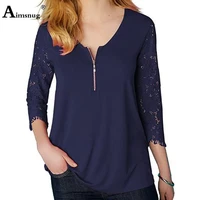 ladies patchwork lace t shirt womens top clothing 2022 summer new sexy zipper tees shirt three quarter sleeve pullovers femme