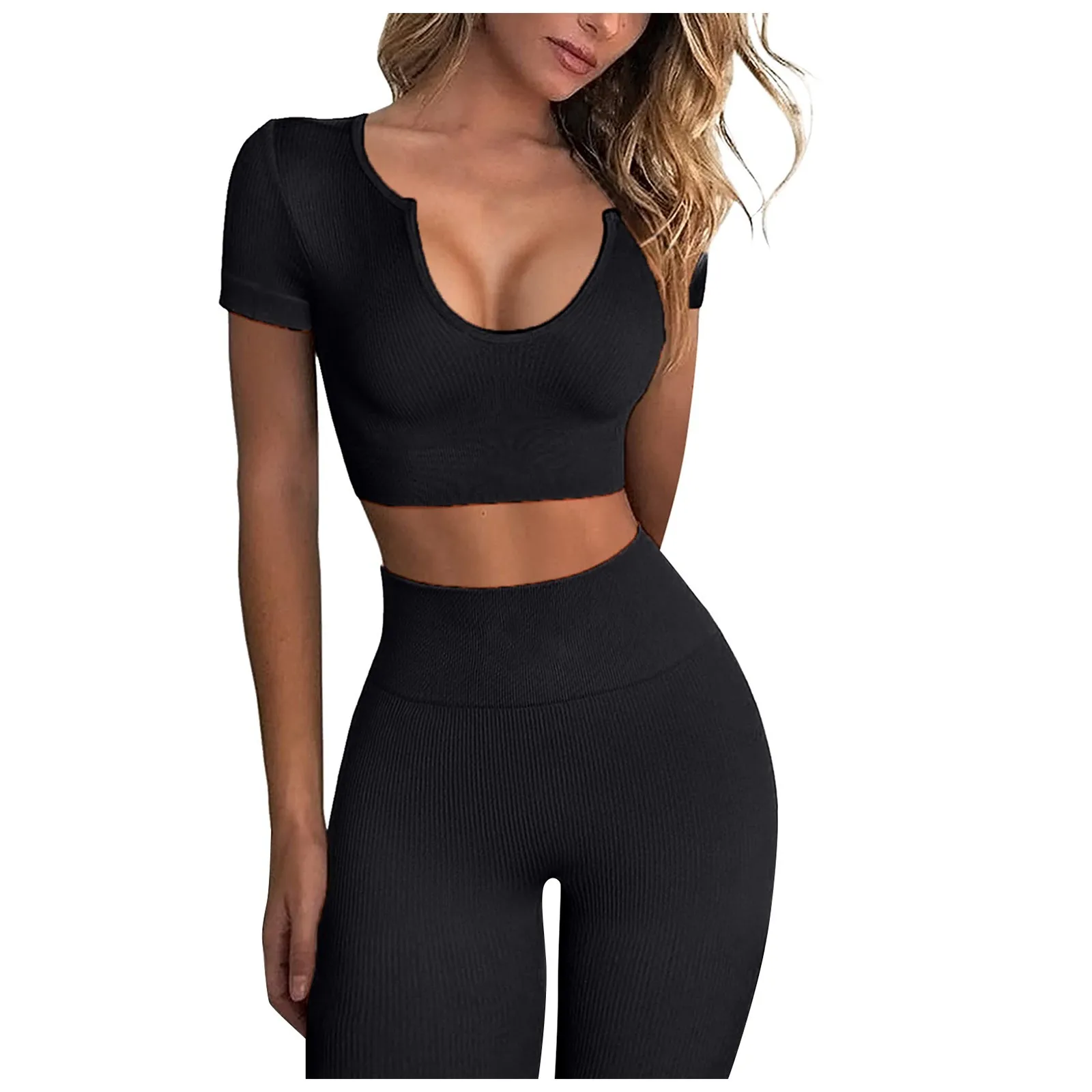 

Seamless Yoga Set Women Fitness Sportswear Two Piece Solid Colors Short Sleeve Crop Tops High Waist Pants Leggings Tracksuit#g3