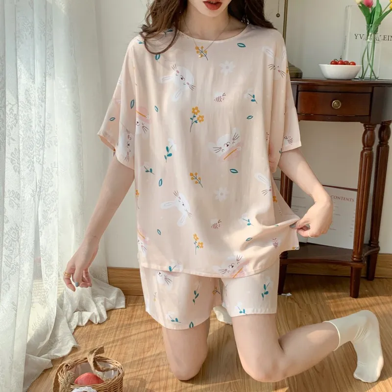 Young La Short Sleeve Pajama Suit One-Size Japanese Style Top Print Round Collar Cotton Set Girl Two Pieces Costume For Sleeping