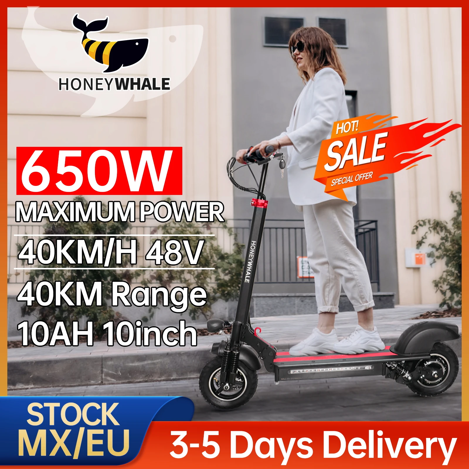 

HONEYWHALE E5 Scooter Eléctrico Plegable de Adulto, Potencia Máxima del Motor 600W, Velocidad Máxima 40 km/h, Patin Electrico co