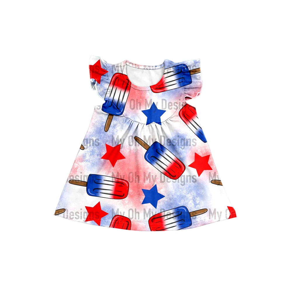 

Wholesale Girls Clothing Toddler Children's Tie Dye 4th Of July Stars Popsicle Pearl Sleeve Girls Dresses