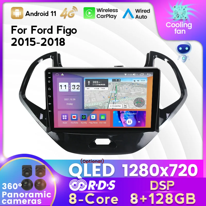 Автомобильный радиоприемник 7862C 8 ГБ ОЗУ + 128 Гб ПЗУ для Ford FIGO 2015-2018 Android 11