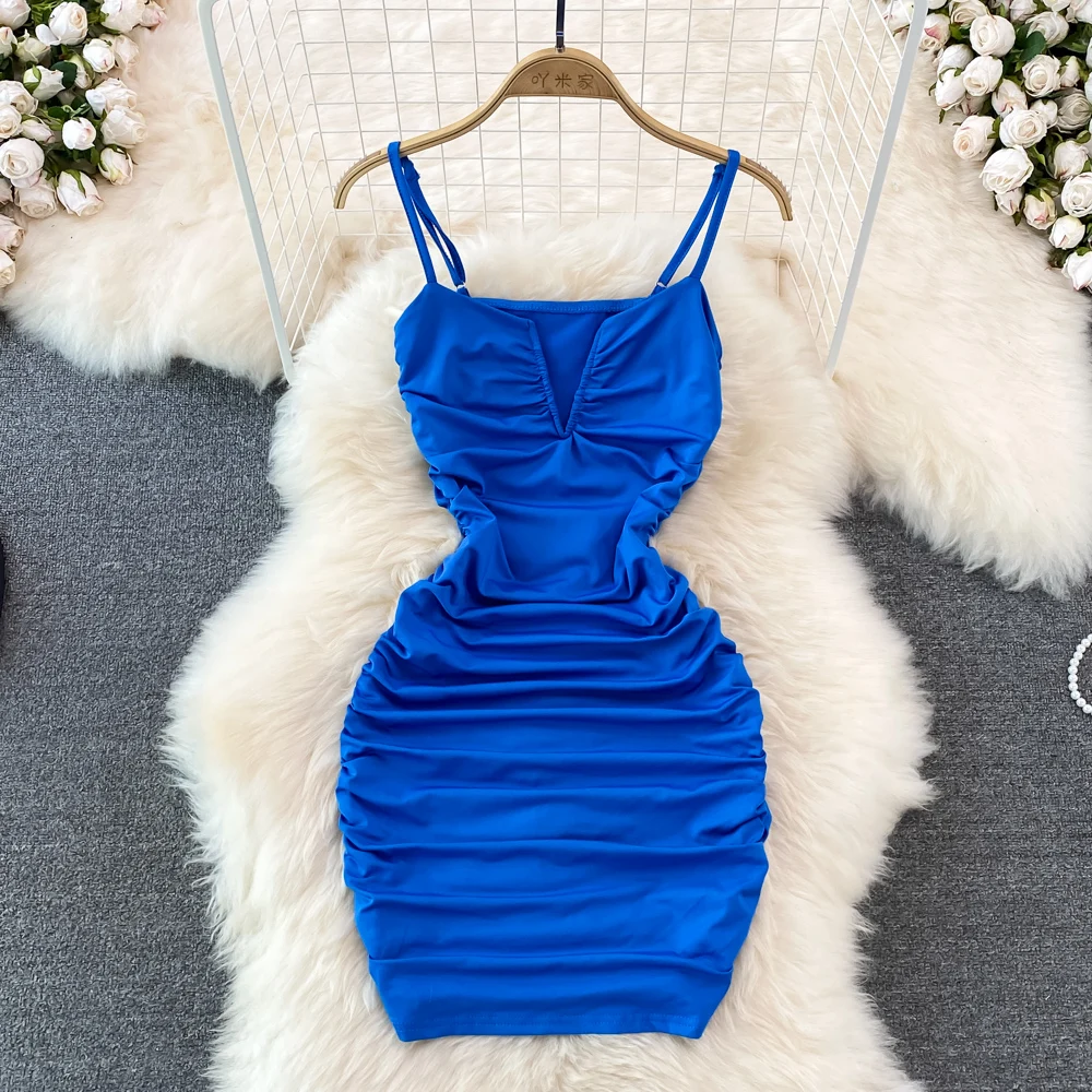 

Sexy V Neck Bodycon Slip Dress Backless Strap Elegant Robe Chic Vintage Pleated Dresses Fashion Summer Women Clothing Y2k