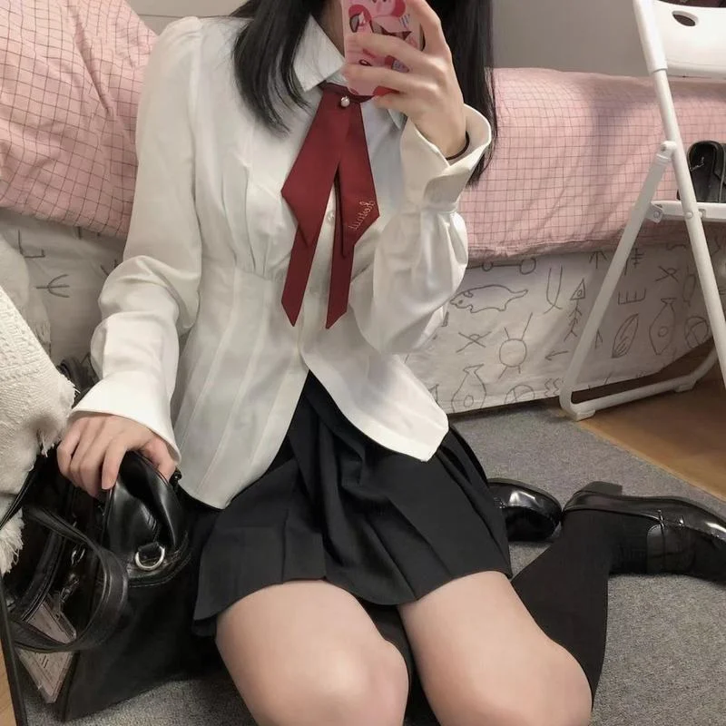 Deeptown Sexy White Women Blouses Tunics Korean Fashion Shirt Chic Harajuku Preppy Elegant Female Japanese Style Casual JK Slim