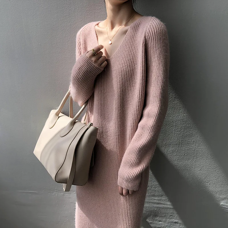 

Solid V-neck Winter Women Sweater Dress Knitted Mid Length Sweater Women Fashion Long Sweater Dress Ladies Loose Sweater Dress
