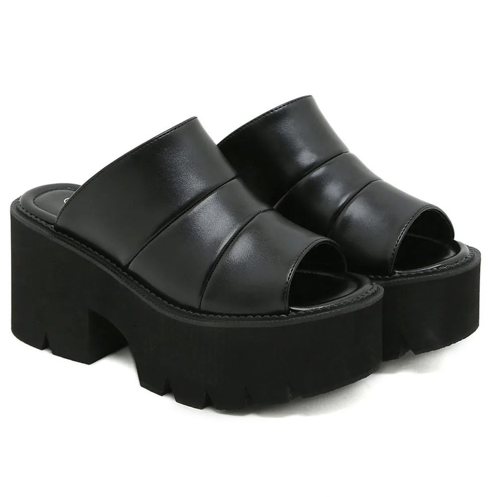 

2022 GIGIFOX Square High Heeled Black Gothic Slipper Comfy Walking Summer Shoes Leisure Women's Sandals