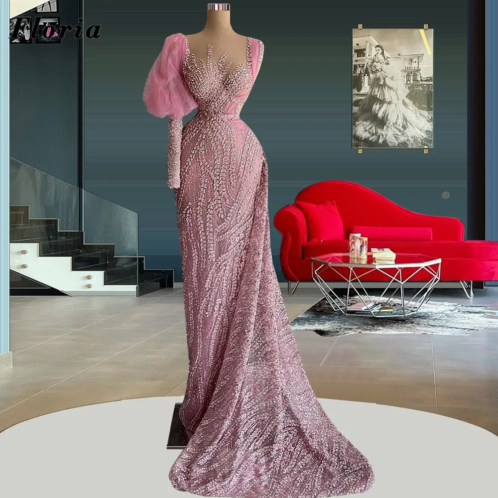 

Floria Custom Made Blush Pink Beading Evening Prom Dresses 2022 Luxury Long Sleeves Mermaid Celebrity Dress Women Party Gowns