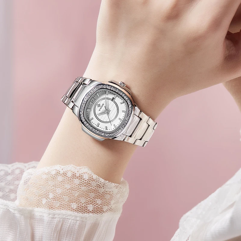WWOOR Luxury Women White Watch Fashion Ladies Quartz Wristwatch Calendar ​Diamonds Female Clock Bracelet Watch New Elegant Reloj