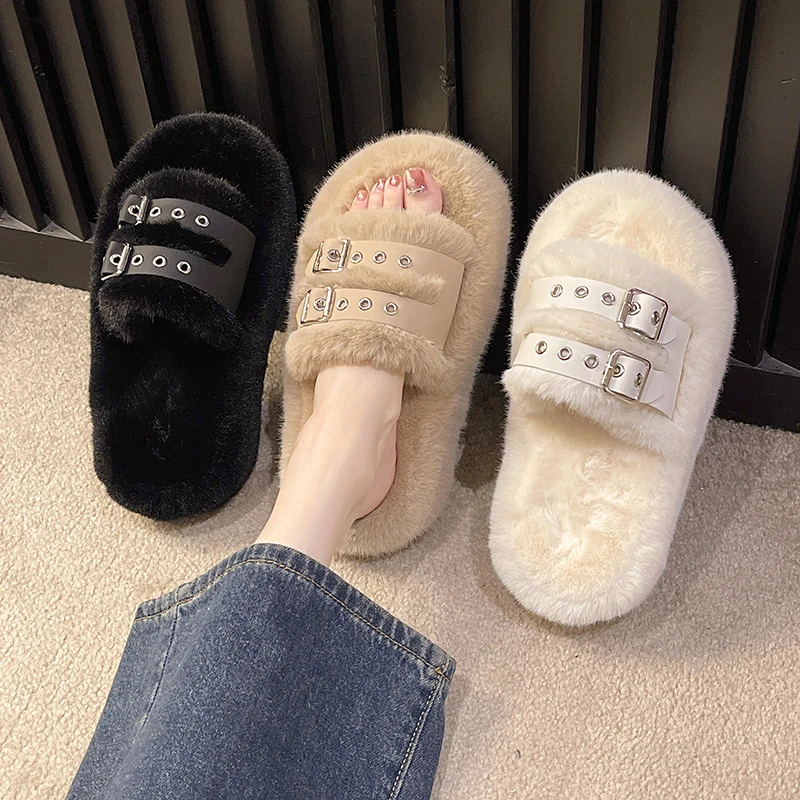 

Flat Heel Ladies Slippers New Winter Shoes Open Toe Fashion Fur Thick Sole Belt Buckle Slip On Bedroom Shoes Soft Outdoor Slides