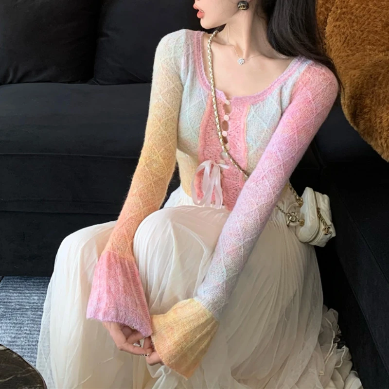 

Мохеровый вязаный кардиган с длинными рукавами, Женский мягкий Приталенный Ажурный свитер на завязках для ранней осени 2022, Короткие топы