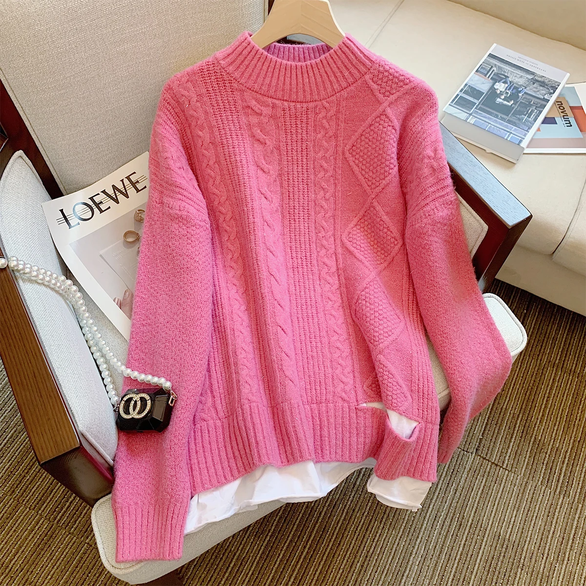 

Fake Two Pieces Pullover Sweater Women Autumn New Korean Style Long-sleeve Tops Fashion Knitted Hole Sweater Pink Loose Knitwear
