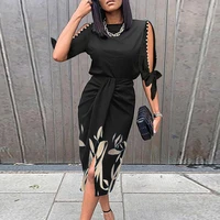 women sexy hollow out short sleeve party dress women elegant o neck folds knee length dress casual lacing up femme bodycon dress