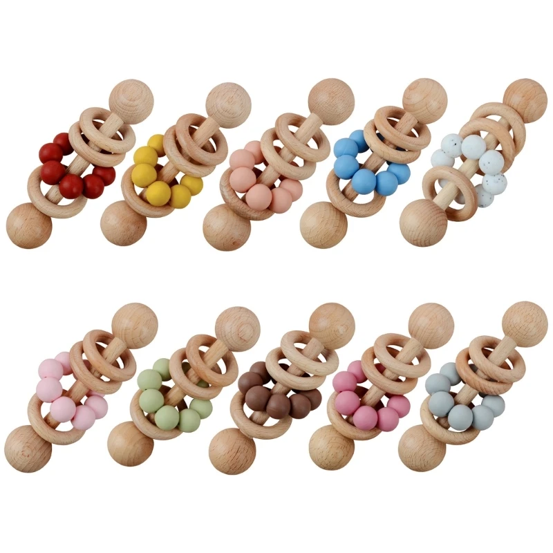 

Baby Wooden Rattle Grip Toy Baby Teething Toy Hand Bells Toy for Hearing Sensory Stimulation Nursing Gift