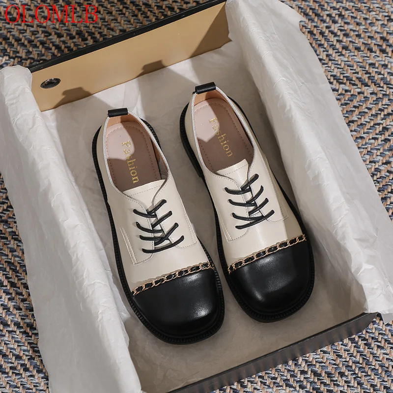 

OLOMLB 100% Full Genuine Leather Women Single Shoes 2022 New French Vintage Mary Jane Shoes Lace Up Soft Sole Leather Shoes Cc
