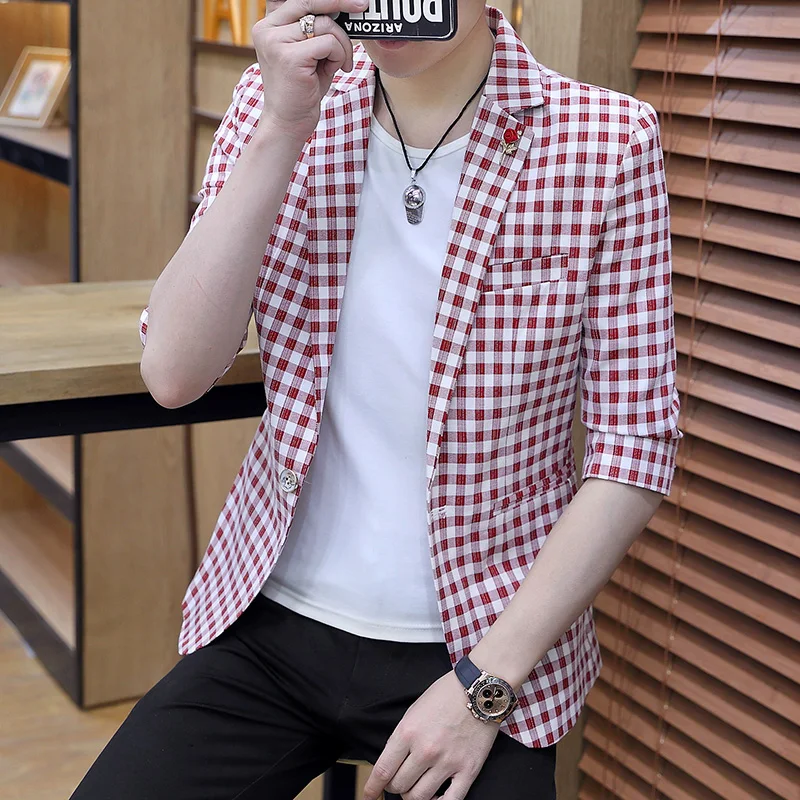 

Plaid Suit Men Summer Thin Seven Points Sleeve Small Suit Korean Slim Handsome Single West Sleeve Jacket Half Sleeve