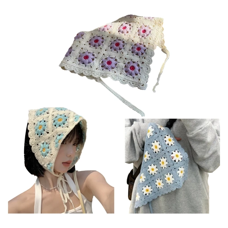 

for TRIANGLE Bandana Turban Crochet Hair Scarf Cute Daisy Hairband Knitted Headband for Women Trendy Y2K Hair Accessory