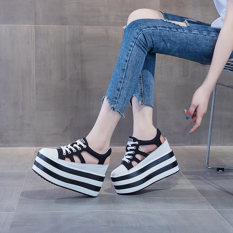 2023 New 12cm Platform Hollow Cut Design Wedge Shoes Sandals for Women Sneakers Summer Shoes  Summer Sneakers Genuine Leather