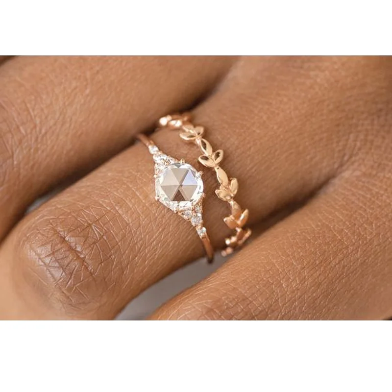 

2 PC/Set Rose Gold Small Flower Rattan Pattern Zircon Crystal Ring for Women Engagement Party Wedding Female Rings Jewelry