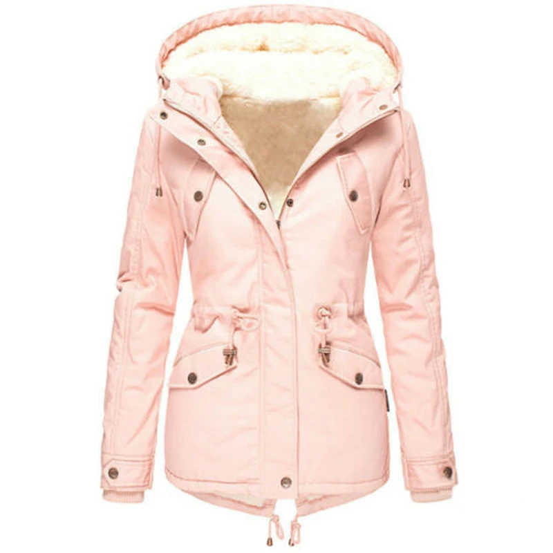 Winter Women Casual Parker Cotton Coat Jacket Solid Color Hooded Drawstring Padded Camping Zipper Coats Oversized Overcoats