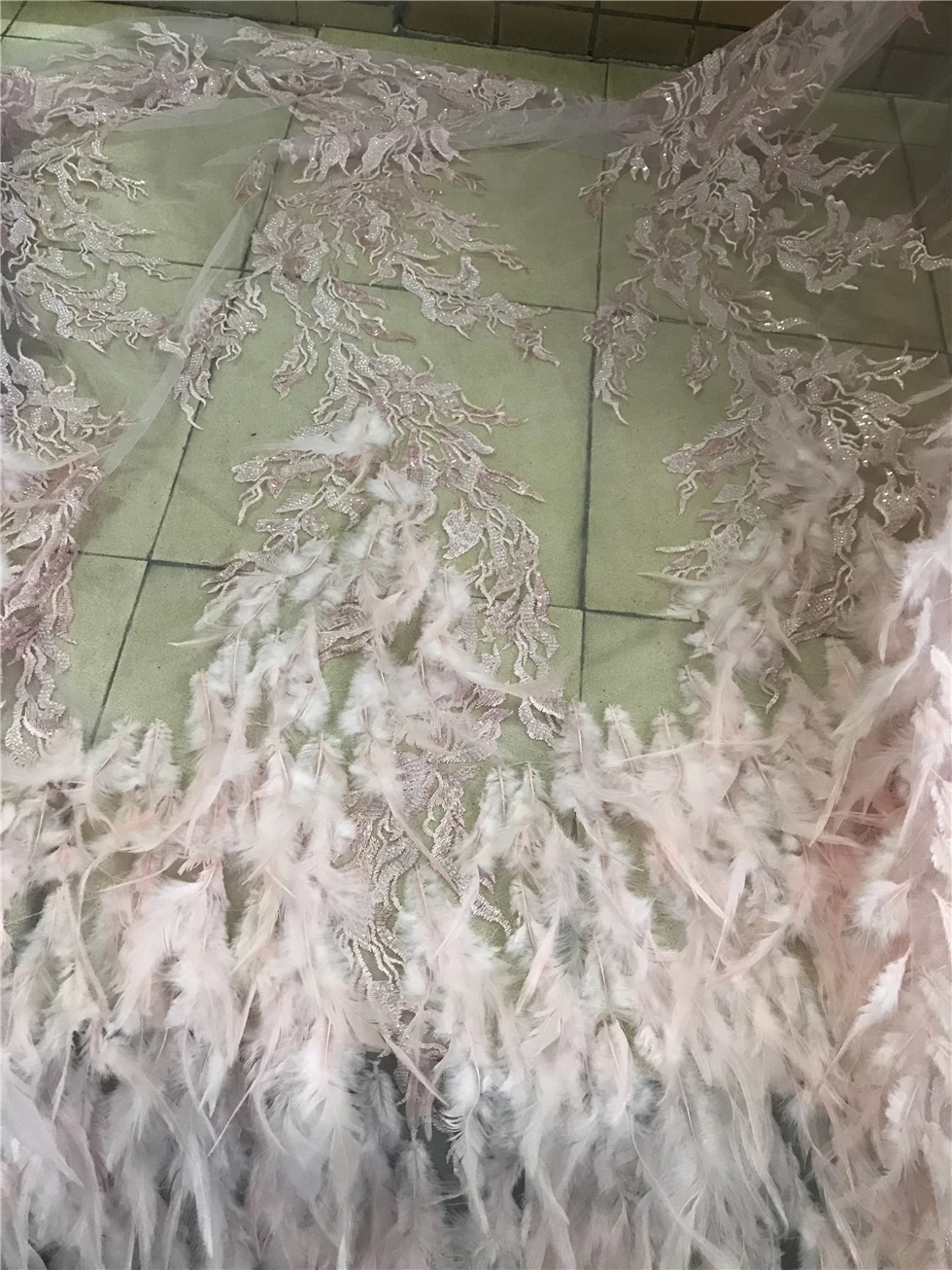 

New arrival ZH-1098869 Beads with feathers African Lilac Lace Fabric High Quality French Tulle Net For Nigeria Wedding