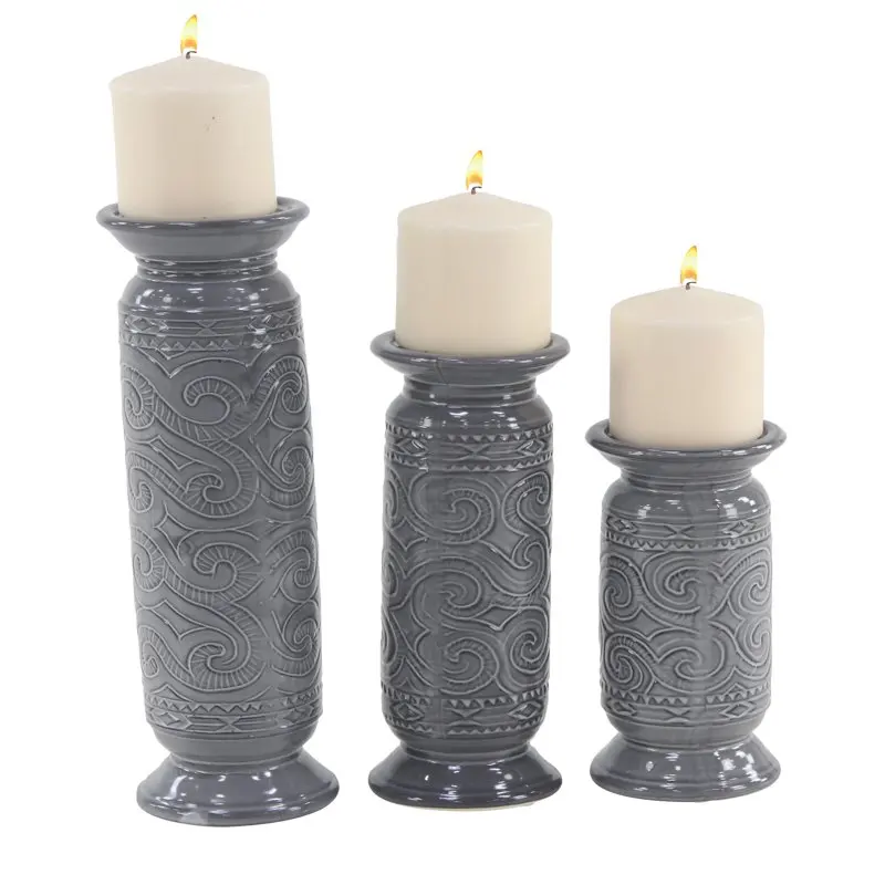 

Modern 9, 12 And 15 Inch Gray Cylindrical Ceramic Candle Holders - Set Of 3