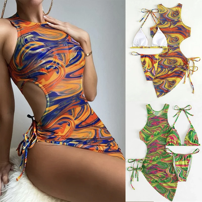 

2023 New Three Piece Set Solid Swimsuit With Hollow Lace and Drawstring Push Up Bathing Suit Sexy Trend Women's Bikini