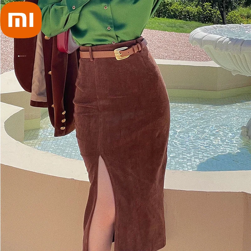 

Xiaomi Vintage Corduroy Split Midi Skirt Women Autumn Bodycon High Waist Sexy Solid Belt Pencil Skirt Elegant 90s Aesthetic
