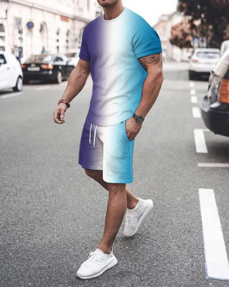 

Summer Men's Suit Gradient Color Print Men's Clothing 2 Piece Outfit of Sportswear Short Sleeve Streetwear Fashion T-shirt Set